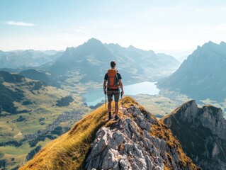 A lone hiker enjoys a breathtaking view of summer mountains and a shimmering lake in the valley below, under a clear blue sky.