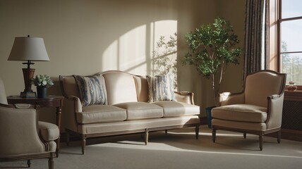 Traditional Living Room A living room with a couch, two chairs, a plant and a lamp.