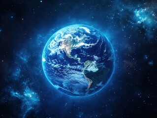 A stunning 8k cinematic image of Earth in space, showcasing vibrant colors and a detailed view of continents under a star-filled sky.