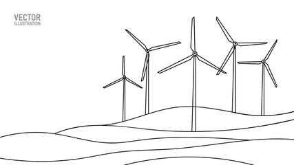 Wind mill, wind generator energy, single continuous line art drawing. Windmill tower save ecology green energy electricity. Hilly landscape with generate wind turbines. Vector one outline
