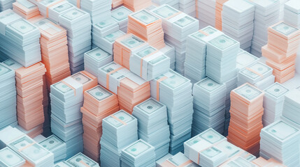Stacks of cash arranged in a grid pattern. 