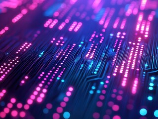 A vibrant abstract technology background showcasing neon pink and blue digital patterns, resembling a futuristic circuit board design.