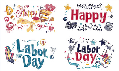 Fototapeta premium Happy Labor Day text logo design with hand lettering on a white background, an American holiday