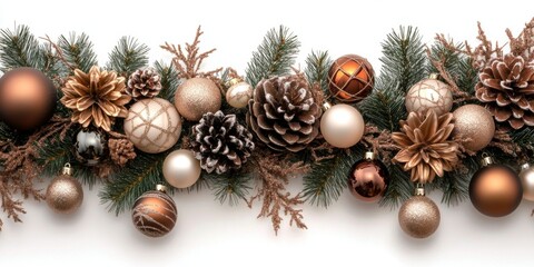 Christmas background with decorations along the edges. Christmas tree branches, gold glitter balls, stars, and garland. Flat lay, top view on a dark background with copy space.