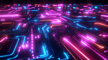 A high-tech digital scene with glowing microchip patterns in bright pink, purple, and blue hues, creating a futuristic circuit design.