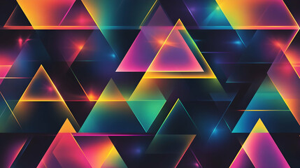 An artistic arrangement of multicolored neon triangles layered over a gradient background, forming a vibrant geometric composition.