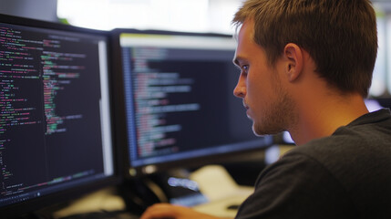 A software engineer debugging code, with error messages on the screen