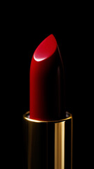 Elegant Red Lipstick in Golden Casing on Black Background