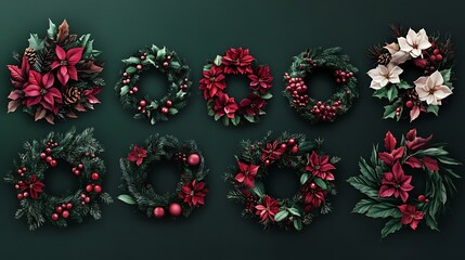 Christmas festive wreath patterns with seasonal flowers