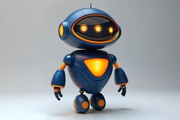 Friendly blue and orange robot with a sleek design and glowing eyes, standing in a neutral space, symbolizing advanced technology, innovation, and a playful approach to robotics