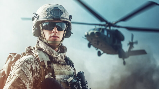 Portrait of a military man, commando in full tactical gear and helmet, holding a rifle against the backdrop of a helicopter flying in the sky with copy space.