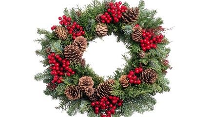 Holiday wreath with red berries and pinecones