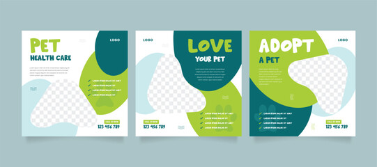 Set of pet care promotion banner social media pack template. Pet adoption social media post template. Pet shop social media carousel template.