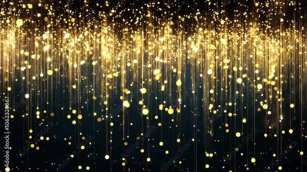 Poster golden particles shimmer and fall gracefully, creating an enchanting effect against a deep black bac