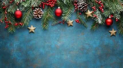 Christmas background with decorations along the edges. Christmas tree branches, gold glitter balls, stars, and garland. Flat lay, top view on a dark background with copy space.