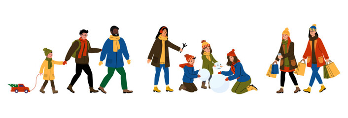 Families enjoying winter activities in a snowy landscape with festive clothing and decorations