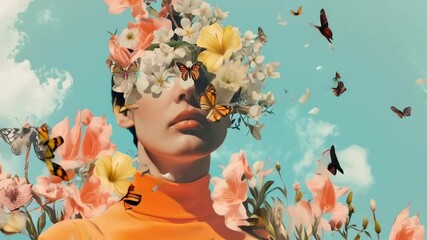 Portrait with flowers and butterfly headpiece. Surreal digital collage. Design for poster, banner, print. Spring beauty and nature concept - Powered by Adobe