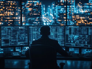 Fototapeta premium A person at a workstation with multiple screens displaying complex digital data, set against a backdrop of a neon-lit cityscape at night.