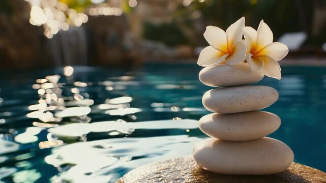 White zen stones are elegantly stacked with a plumeria flower on top, reflecting on the calm blue water of a pool surrounded by greenery