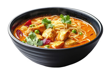 Khao Soi northern Thai coconut curry noodle soup with chicken, PNG isolated on transparent background, white background.