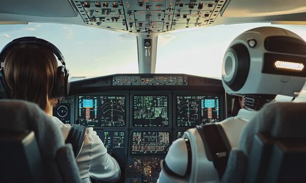 Collaboration between a human pilot and a robot copilot unfolds in the cockpit, with both operating the airplane's controls and instruments together