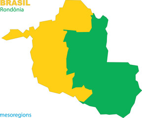 Map of the territory of the state of Rondonia with divisions by highlighted mesoregions, vector with simple lines of political divisions