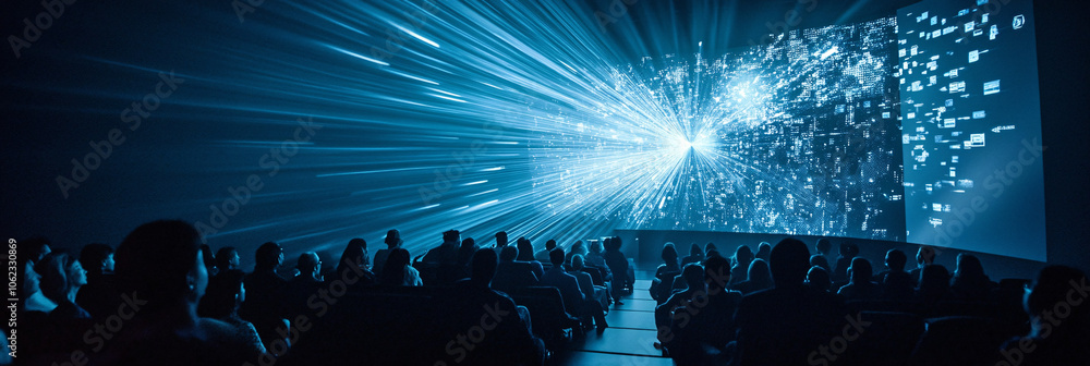 Poster giant projector casting a beam of light over an audience, with floating holographic charts and data
