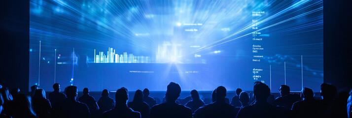 Giant Projector Casting a Beam of Light Over an Audience, with Floating Holographic Charts and Data 