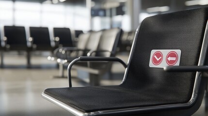 Fototapeta premium Social Distancing Seat Markers in Waiting Area: Close-up of Reserved Seats for Safety, Emphasizing Clean, Organized Environment in Healthcare and Public Spaces