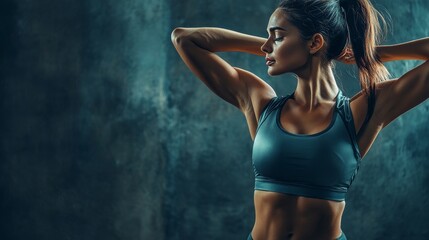 Fototapeta premium A fit woman in sportswear doing side stretches, promoting fitness and wellness, in a dark shadowed background.