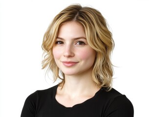 Naklejka premium The image features a smiling young woman with short, wavy blonde hair, wearing a black top against a white background.