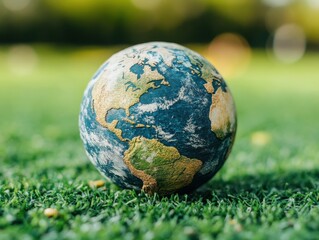 A small globe depicting Earth sits on lush green grass, symbolizing global sustainability and environmental consciousness.