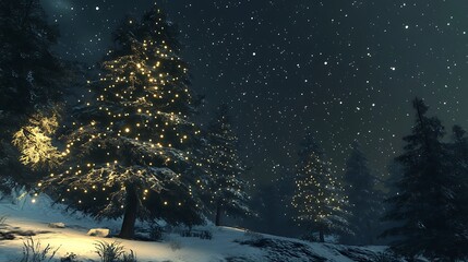 Fototapeta premium Snow-covered pine trees with twinkling fairy lights against a starry night sky