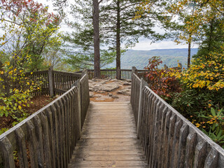 Fototapeta premium A scenic wooden path winds its way toward Turkey Spur Rock at New River Gorge National Park, West Virginia, surrounded by nature.