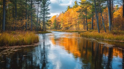 Fototapeta premium Serene river winding through a forest tall pines, with the reflections autumn leaves shimmering on the water's surface