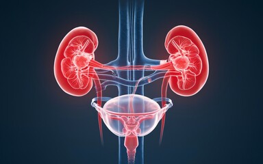 3D illustration of human kidneys and bladder.