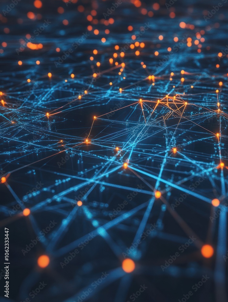 Poster an abstract digital background featuring interconnected nodes and lines, symbolizing a network or bl