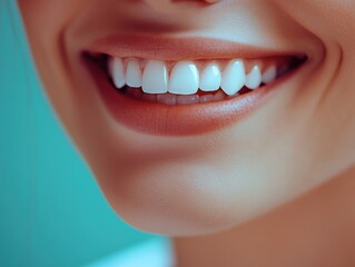 Obraz premium Close-up image of a middle-aged woman smiling, showing teeth with a turquoise background, creating a cheerful and bright mood.