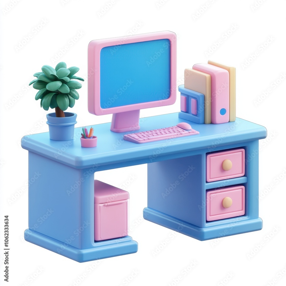 Poster vibrant desk setup with colorful computer and decor