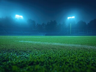 A serene view of an American football field at night, illuminated by bright stadium lights, with a focus on the lush green grass.