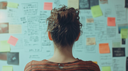A worker with a list of overwhelming tasks displayed on a whiteboard behind them