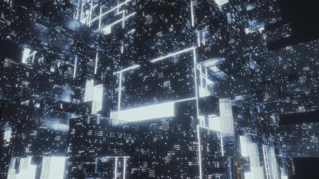Abstract digital metropolis: A captivating loop showcasing a, abstract futuristic city, illuminated by neon lights and intricate digital structures.