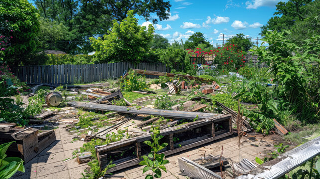A storm-ravaged garden with scattered wooden structures and debris on a tiled path amidst greenery under a clear sky.