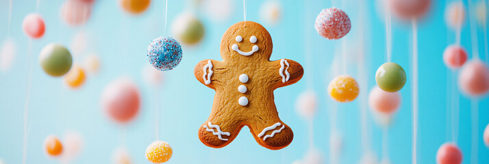 Naklejka premium Gingerbread Man Floating in Mid-Air, Surrounded by Icing and Gumdrop Decorations Suspended Around Him 