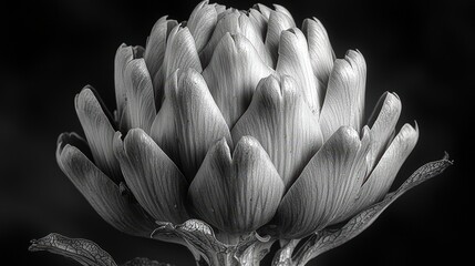 Monochrome artichoke blossom: elegant close-up with dramatic lighting and texture