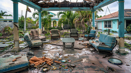 Fototapeta premium A destroyed veranda with damaged furniture and debris against a backdrop of tropical plants after a storm.