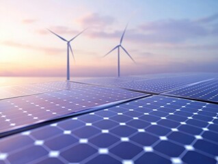 Image showcasing renewable energy with solar panels in the foreground and wind turbines in the background against a serene sky.