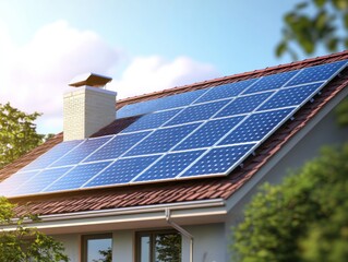 Modern home with solar panels on a red-tiled roof, surrounded by greenery and set against a clear blue sky, showcasing sustainable living.