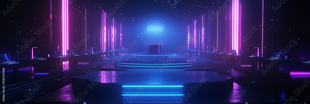 Poster glowing holographic path leading to a giant podium, with rows of floating desks surrounding it