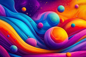 Vibrant cosmic landscape with swirling colors and planets in space